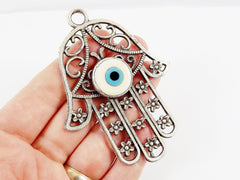 Extra Large Hamsa Hand of Fatima Pendant Creamy White Artisan Glass Evil Eye - Matte Antique Silver Plated - 1PC