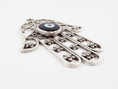 Extra Large Hamsa Hand of Fatima Pendant Black Artisan Glass Evil Eye - Matte Antique Silver Plated - 1PC