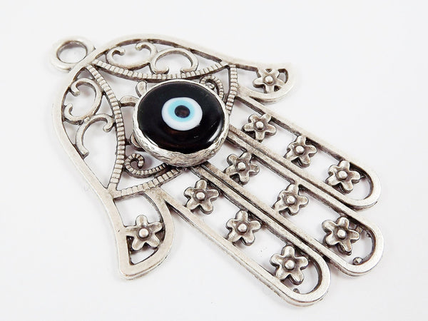 Extra Large Hamsa Hand of Fatima Pendant Black Artisan Glass Evil Eye - Matte Antique Silver Plated - 1PC