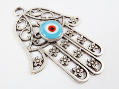 Evil Eye Hamsa Pendant, Silver Hamsa, Extra Large Hamsa, Hand of Fatima Pendant, Pale Blue Evil Eye, Artisan Glass, Matte Antique Silver 1PC