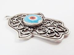 Blue Evil Eye Hamsa Pendant, Hand of Fatima, Good Luck Protective Talisman Amulet, Artisan Glass, Matte Antique Silver Plated, 1PC