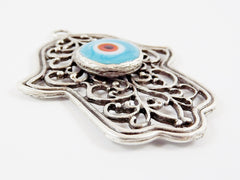 Blue Evil Eye Hamsa Pendant, Hand of Fatima, Good Luck Protective Talisman Amulet, Artisan Glass, Matte Antique Silver Plated, 1PC