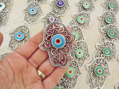 Pale Green Evil Eye Hamsa Pendant, Hand of Fatima, Good Luck Protective Talisman Amulet, Artisan Glass, Matte Antique Silver Plated, 1PC