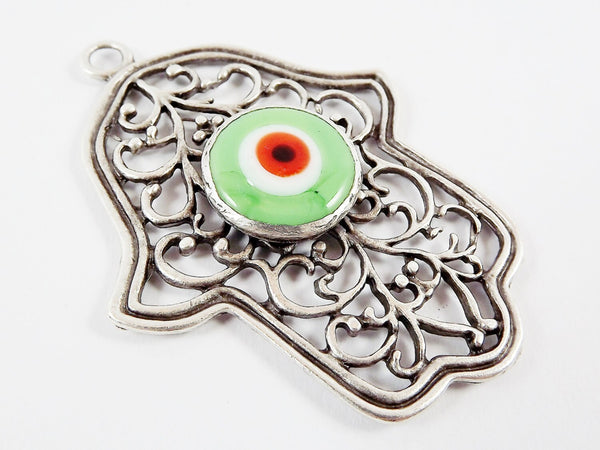 Pale Green Evil Eye Hamsa Pendant, Hand of Fatima, Good Luck Protective Talisman Amulet, Artisan Glass, Matte Antique Silver Plated, 1PC