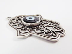 Hamsa Hand of Fatima Pendant Black Evil Eye, Protective Charm, Jewish Hamsa, Hand of Miriam, Modern Judaica, Matte Antique Silver, 1PC