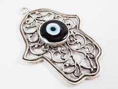 Hamsa Hand of Fatima Pendant Black Evil Eye, Protective Charm, Jewish Hamsa, Hand of Miriam, Modern Judaica, Matte Antique Silver, 1PC