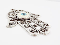 Extra Large Hamsa Hand of Fatima Pendant Creamy White Artisan Glass Evil Eye - Matte Antique Silver Plated - 1PC