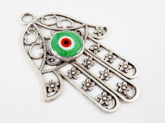 Extra Large Hamsa Hand of Fatima Pendant Green Artisan Glass Evil Eye - Matte Antique Silver Plated - 1PC