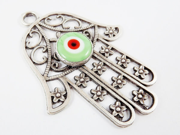 Extra Large Hamsa Hand of Fatima Pendant Pale Green Artisan Glass Evil Eye - Matte Antique Silver Plated - 1PC