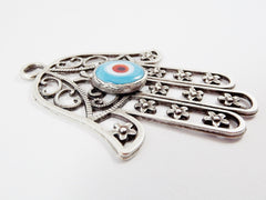 Evil Eye Hamsa Pendant, Silver Hamsa, Extra Large Hamsa, Hand of Fatima Pendant, Pale Blue Evil Eye, Artisan Glass, Matte Antique Silver 1PC