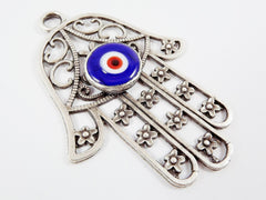 Evil Eye Hamsa Pendant, Blue Evil Eye, Silver Hamsa, Extra Large Hamsa, Hand of Fatima Pendant, Artisan Glass, Matte Antique Silver 1PC