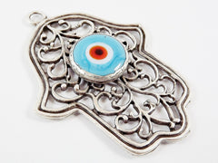 Blue Evil Eye Hamsa Pendant, Hand of Fatima, Good Luck Protective Talisman Amulet, Artisan Glass, Matte Antique Silver Plated, 1PC