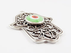 Pale Green Evil Eye Hamsa Pendant, Hand of Fatima, Good Luck Protective Talisman Amulet, Artisan Glass, Matte Antique Silver Plated, 1PC