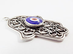 Blue Evil Eye Hamsa Pendant, Hand of Fatima, Good Luck Protective Talisman Amulet, Artisan Glass, Royal Blue, Matte Antique Silver, 1PC