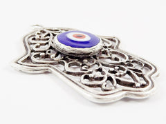 Blue Evil Eye Hamsa Pendant, Hand of Fatima, Good Luck Protective Talisman Amulet, Artisan Glass, Royal Blue, Matte Antique Silver, 1PC