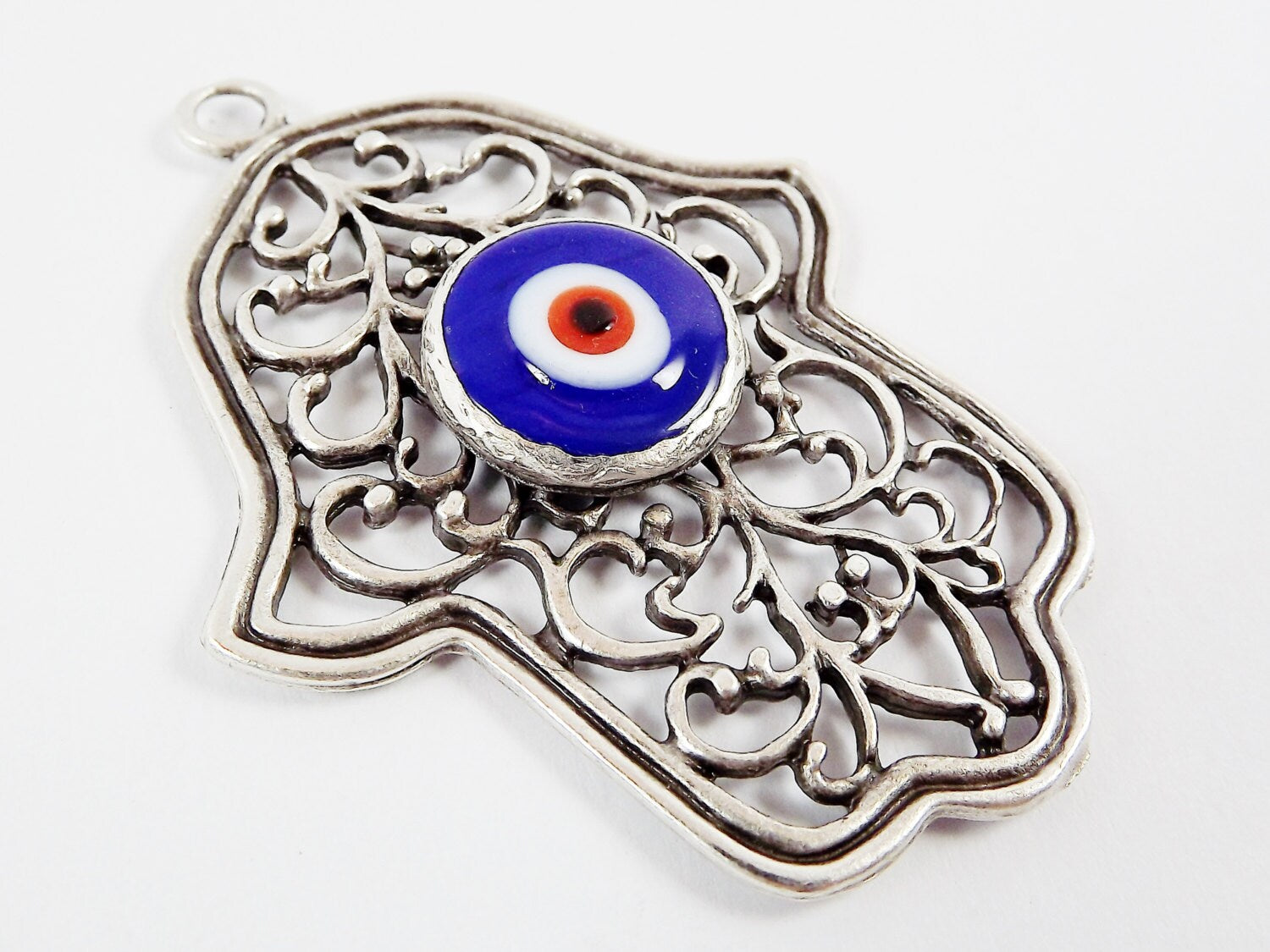 Blue Evil Eye Hamsa Pendant, Hand of Fatima, Good Luck Protective Talisman Amulet, Artisan Glass, Royal Blue, Matte Antique Silver, 1PC