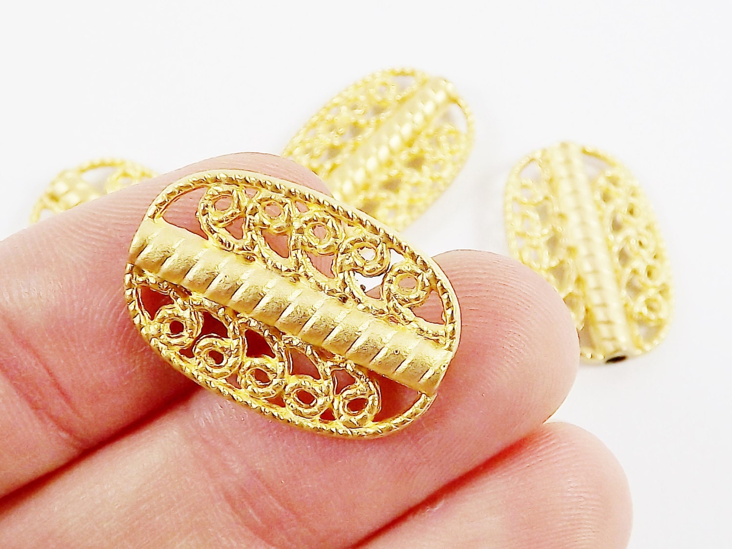 Large Rustic 22k Matte Gold Plated Oval Filigree Beads Spacers - 4 PCs
