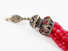 Large Long Light Red Facet Cut Jade Stone Beaded Tassel with Red Clear Crystal Accents - Antique Bronze - 1PC