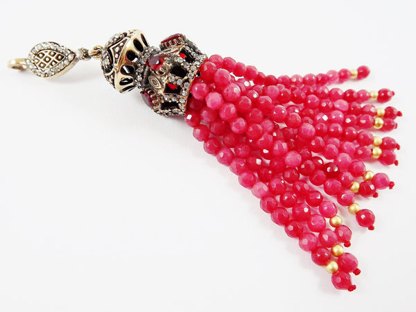 Large Long Light Red Facet Cut Jade Stone Beaded Tassel with Red Clear Crystal Accents - Antique Bronze - 1PC
