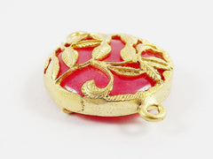 Grapefruit Pink Rustic Leaves Jade Connector  - Gold plated Bezel - 1pc