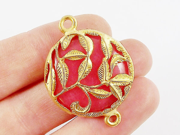 Grapefruit Pink Rustic Leaves Jade Connector  - Gold plated Bezel - 1pc