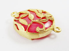 Grapefruit Pink Rustic Leaves Jade Connector  - Gold plated Bezel - 1pc