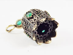 Antique Bronze Turkish Tassel Bead Cap with Green Rhinestone Crystal Accents and Bail - 1PC