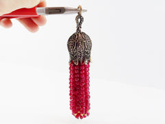 Large Long Red Facet Cut Jade Beaded Tassel with Crystal Accents - Antique Bronze - 1PC