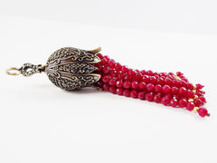 Large Long Red Facet Cut Jade Beaded Tassel with Crystal Accents - Antique Bronze - 1PC