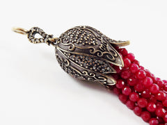 Large Long Red Facet Cut Jade Beaded Tassel with Crystal Accents - Antique Bronze - 1PC