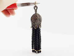 Large Long Black Onyx Beaded Tassel with Crystal Accents - Antique Bronze - 1PC