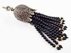Large Long Black Onyx Beaded Tassel with Crystal Accents - Antique Bronze - 1PC