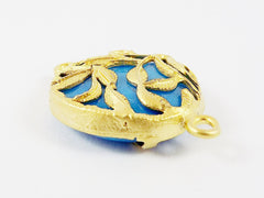Cyan Blue Rustic Leaves Jade Connector  - Gold plated Bezel - 1pc