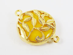 Yellow Rustic Leaves Jade Connector  - Gold plated Bezel - 1pc