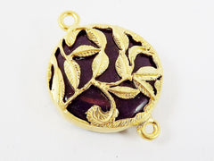 Deep Purple Rustic Leaves Jade Connector  - Gold plated Bezel - 1pc