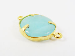 Pale Blue Rustic Leaves Jade Connector  - Gold plated Bezel - 1pc