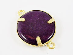Deep Purple Rustic Leaves Jade Connector  - Gold plated Bezel - 1pc