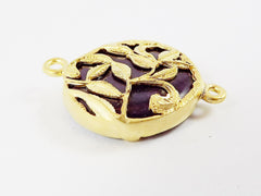 Deep Purple Rustic Leaves Jade Connector  - Gold plated Bezel - 1pc