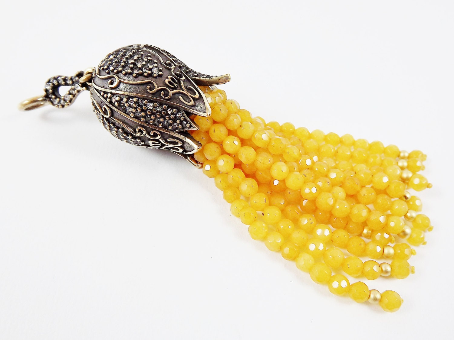Large Long Yellow Facet Cut Jade Beaded Tassel with Crystal Accents - Antique Bronze - 1PC