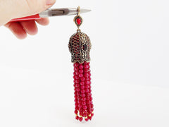 Large Long Red Stone Beaded Tassel with Crystal Accents - Antique Bronze - 1PC