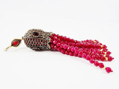 Large Long Red Stone Beaded Tassel with Crystal Accents - Antique Bronze - 1PC