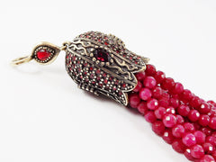 Large Long Red Stone Beaded Tassel with Crystal Accents - Antique Bronze - 1PC