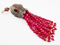 Large Long Red Stone Beaded Tassel with Crystal Accents - Antique Bronze - 1PC