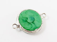 Green Evil Eye Round Artisan Handmade Glass Connector- Matte Antique Silver Plated Bezel - 1pc