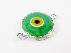 Green Evil Eye Round Artisan Handmade Glass Connector- Matte Antique Silver Plated Bezel - 1pc