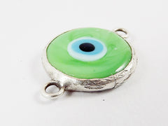 Pale Green Blue Evil Eye Round Artisan Handmade Glass Connector - Matte Antique Silver Plated Bezel - 1pc