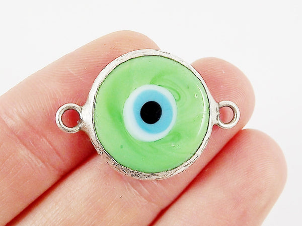 Pale Green Blue Evil Eye Round Artisan Handmade Glass Connector - Matte Antique Silver Plated Bezel - 1pc