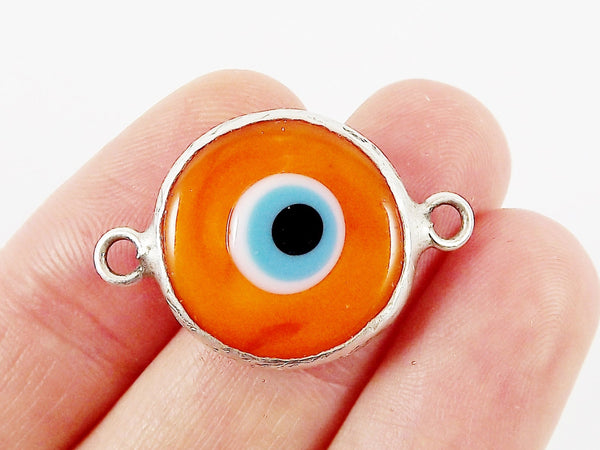 Orange Evil Eye Round Artisan Handmade Glass Connector - Matte Antique Silver Plated Bezel - 1pc