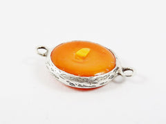 Orange Evil Eye Round Artisan Handmade Glass Connector - Matte Antique Silver Plated Bezel - 1pc