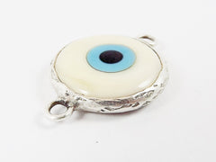 Creamy White Evil Eye Round Artisan Handmade Glass Connector - Matte Antique Silver Plated Bezel - 1pc